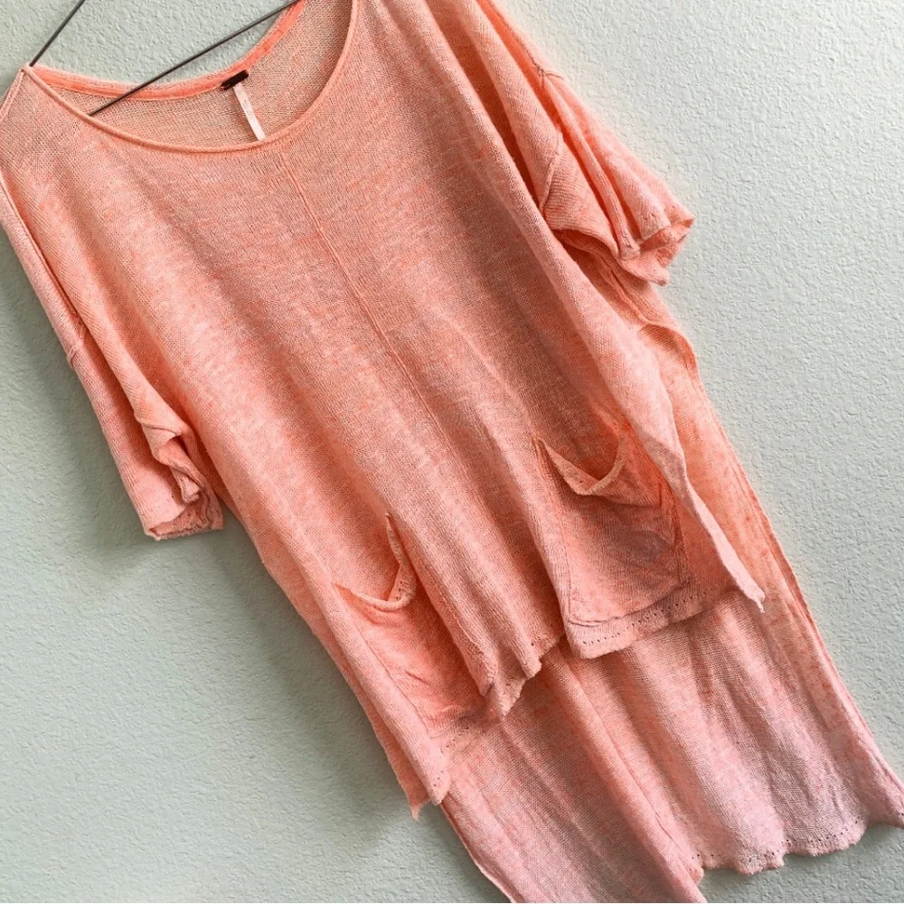 FREE PEOPLE high low pockets peach knit tunic top shirt XS coastal linen boxy - Picture 1 of 9